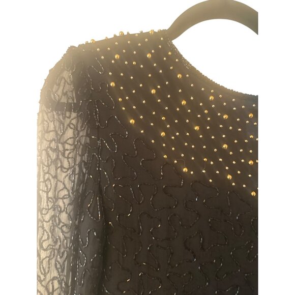 Beaded Drama Black Dress Lined V-Back Long Sleeves Beaded Embellishment Size 8 - Picture 2 of 5